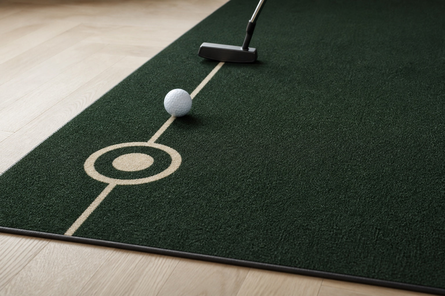 Gros plan d’un tapis de putting vert avec ligne de visée